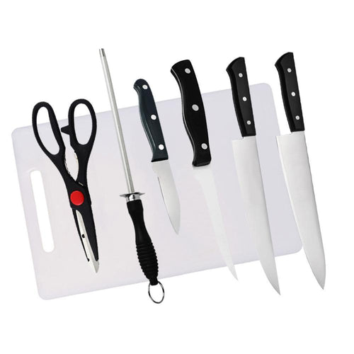 312 Kitchen Combo -Stainless Steel 4pc Knife, Sharpening Steel and Scissor with Cutting Board