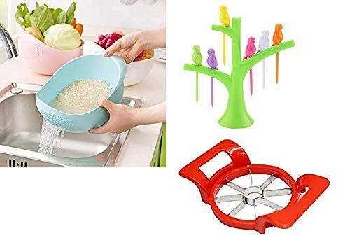 VaCalvers Kitchen Combo - Plastic Rice Bowl Strainer, Bird fork and Apple cutter