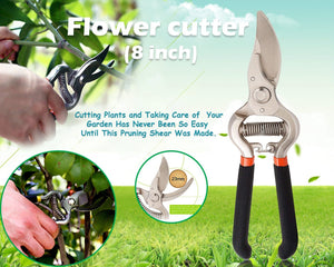 VaCalvers Gardening Tools - Reusable Rubber Gloves, Pruners Scissor(Flower Cutter) & Garden Tool Wooden Handle (3pcs-Hand Cultivator, Small Trowel, Garden Fork)