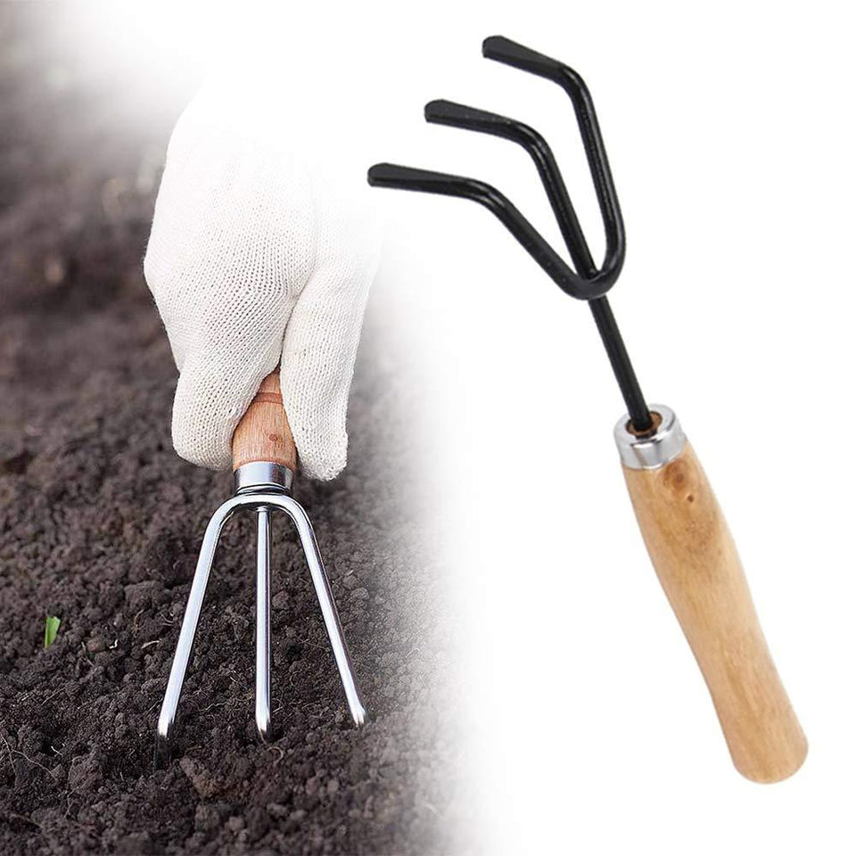 VaCalvers Gardening Tools - Reusable Rubber Gloves, Pruners Scissor(Flower Cutter) & Garden Tool Wooden Handle (3pcs-Hand Cultivator, Small Trowel, Garden Fork)