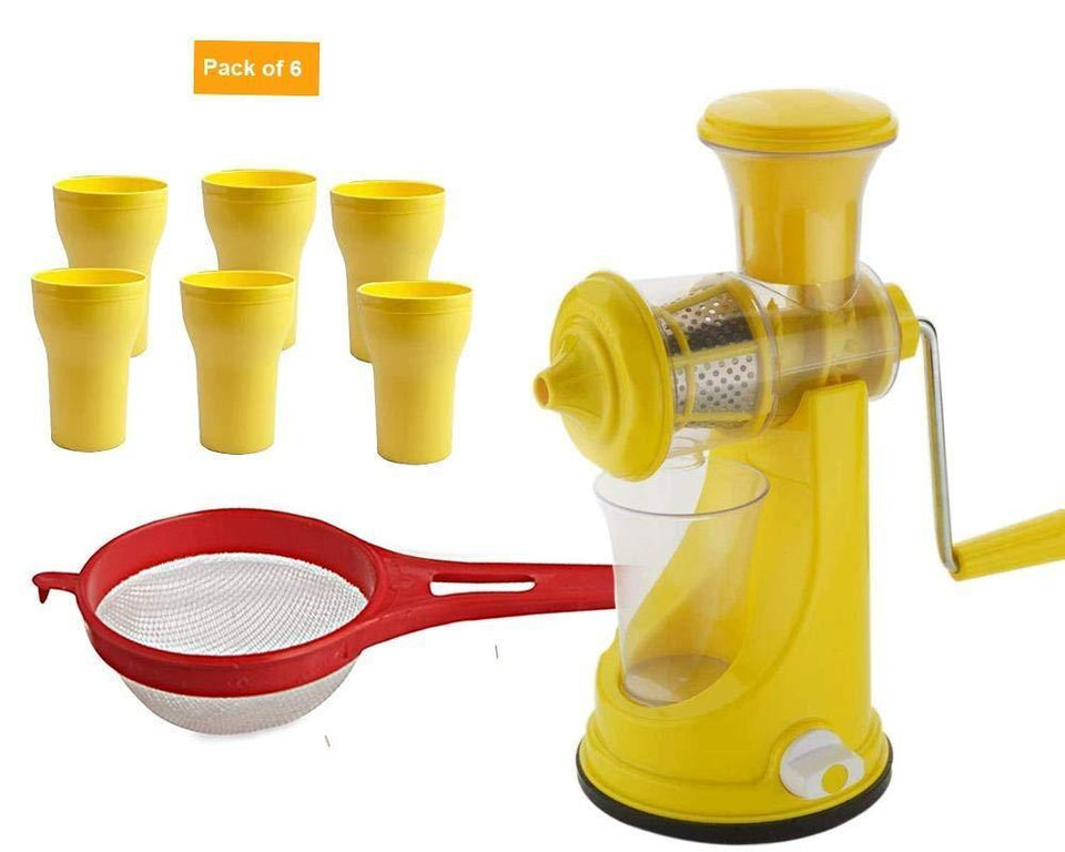 VaCalvers Kitchen combo -Manual Fruit Juicer with Plastic Small Tea Strainer Sieve &  6pcs Plastic Juice Drinking Glasses