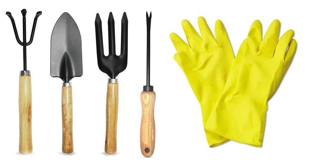 VaCalvers Gardening Tools - Hand Cultivator, Small Trowel, Garden Fork, Hand Weeder Straight with 1-Pair Rubber Gloves (Set of 5)