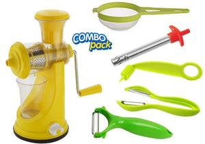 VaCalvers Kitchen combo - Manual Fruit Juicer, Vegetables Spiral Cutter, Gas Lighter, Big Tea Strainer Sieve/Chai Chalni with Single sided & Double sided peeler (6 pcs)