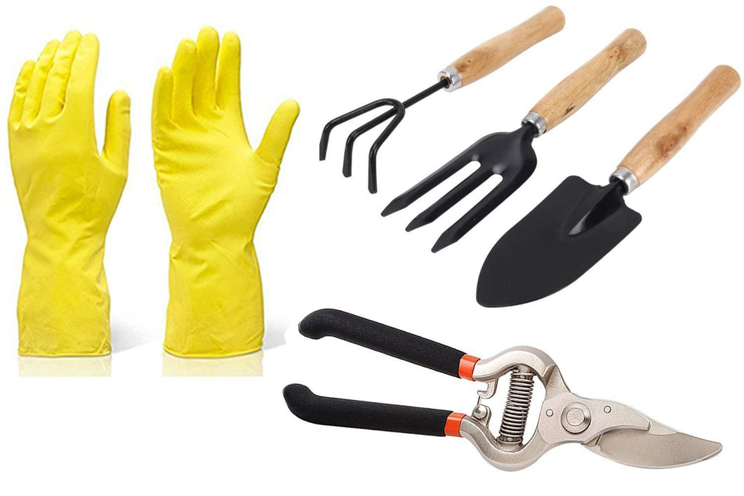 VaCalvers Gardening Tools - Reusable Rubber Gloves, Pruners Scissor(Flower Cutter) & Garden Tool Wooden Handle (3pcs-Hand Cultivator, Small Trowel, Garden Fork)