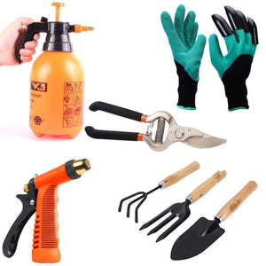 VaCalvers Gardening Tools - Water Lever Spray Gun | Cultivator, Small Trowel, Garden Fork | Pressure Garden Spray Bottle | Genie Gloves | Garden Shears Pruners Scissor (8-inch)