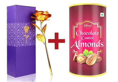 045+879 Effete Festival Gift Combo - Chocolate Coated Roasted Almond 96gm with Golden Rose 10 INCHES with Carry Bag