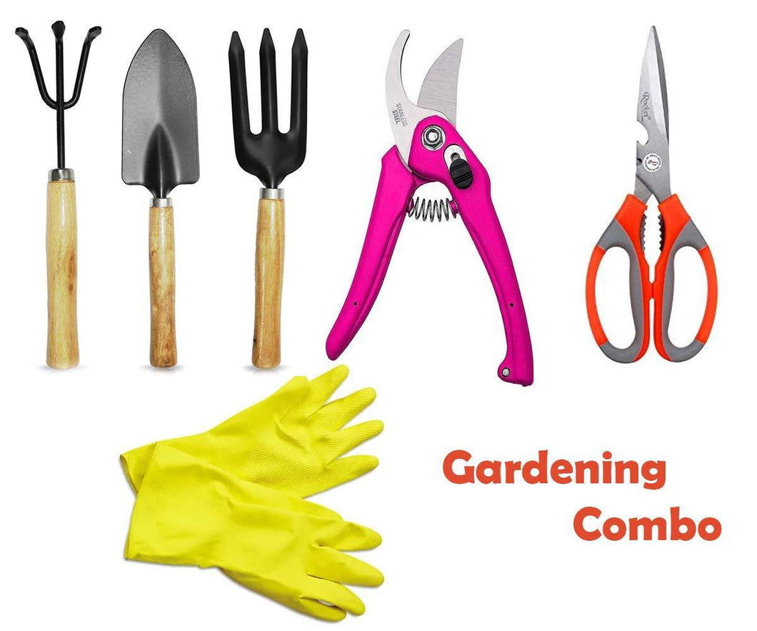 VaCalvers Gardening Combo - Cultivator, Trowel, Garden Fork, Flower Cutter (Hedge Shears), Household & Garden Scissor with Rubber Gloves(1pair)