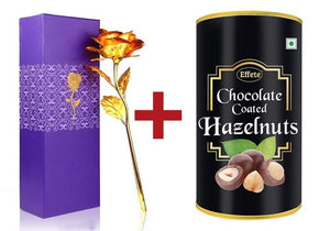 046+879 Effete Festival Gift Combo - Chocolate Coated Roasted Hazelnut 96gm with Golden Rose 10 INCHES with Carry Bag