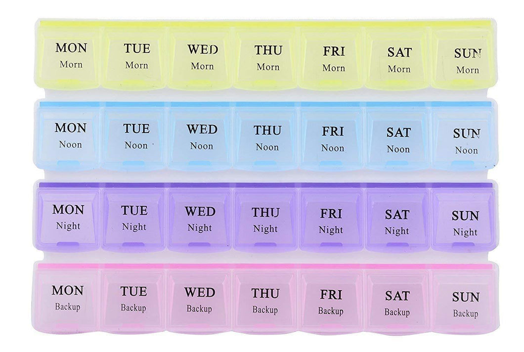 383 Pill Case- 4 Row 28 Squares Weekly 7 Days Tablet Box Holder Medicine Storage Organizer Container