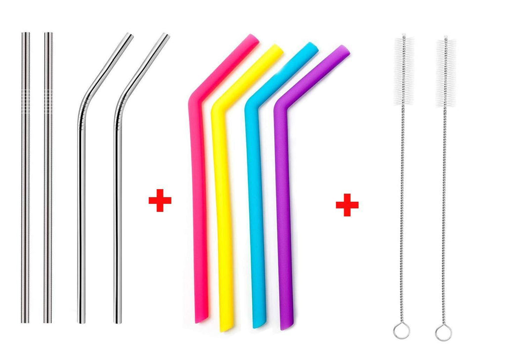 VaCalvers Food Grade Silicone Straws(4pc), Stainless Steel Straws(4pc) & Straw Cleaning Brush(2pc)