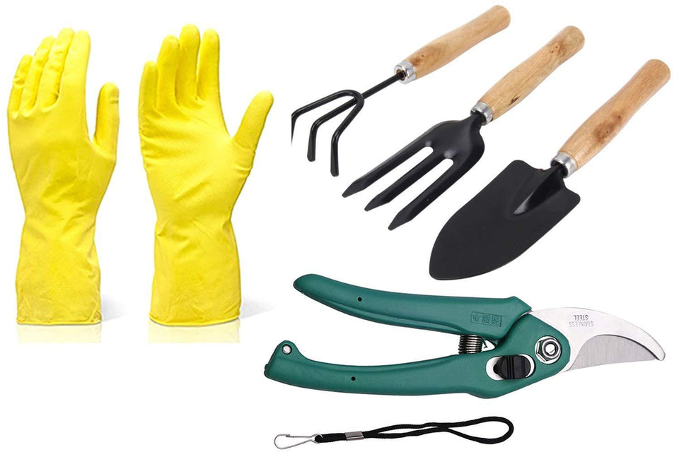 VaCalvers Gardening Tools - Reusable Rubber Gloves, Flower Cutter/Scissor & Garden Tool Wooden Handle (3pcs-Hand Cultivator, Small Trowel, Garden Fork)