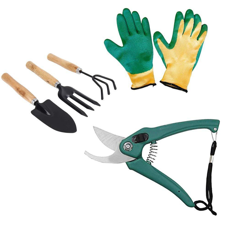 VaCalvers Gardening Tools - Falcon Gloves, Flower Cutter/Scissor & Garden Tool Wooden Handle (3pcs-Hand Cultivator, Small Trowel, Garden Fork)