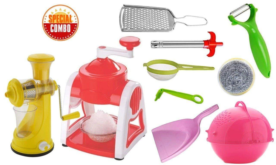 VaCalvers Mix Combo - Ice Gola Maker, Fruit Juicer, Grater, Gas Lighter, Big Tea Strainer, Peeler, Vegetables Spiral Cutter, Kitchen Scrubber with Washing/Strainer Bowl & Plastic Dust Pan  (10pcs)