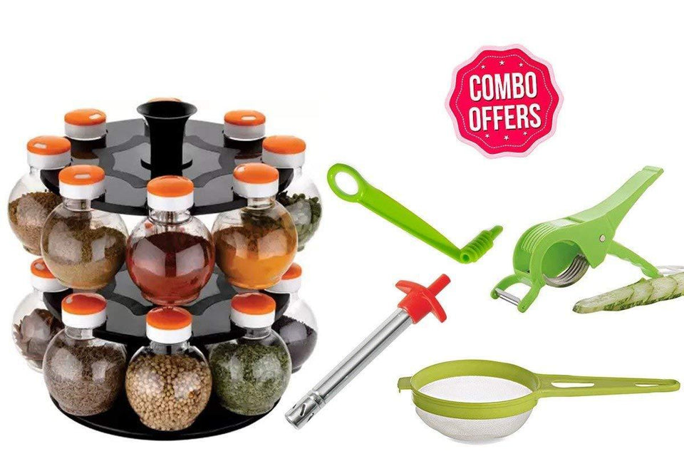 VaCalvers Kitchen combo - Revolving 16pc Plastic Spice Rack, Vegetables Spiral Cutter, Gas Lighter, Big Tea Strainer Sieve/Chai Chalni with Vegetables Cutter/ Slicer / Peeler (5 pcs)