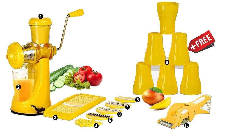 VaCalvers Kitchen combo - Manual Juicer, 6 in 1 Slicer, Vegetables Cutter with Peeler and 6 Plastic Glasses