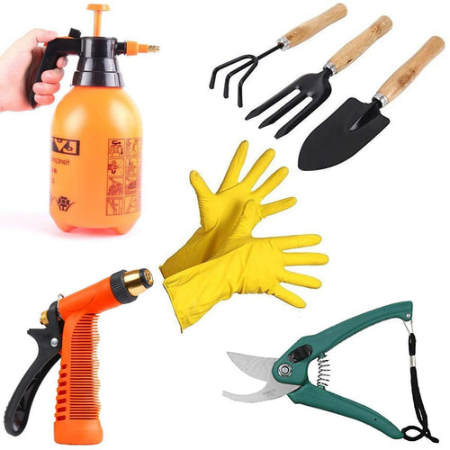 VaCalvers Gardening Tools - Water Lever Spray Gun | Cultivator, Small Trowel, Garden Fork | Pressure Garden Spray Bottle | Flower Cutter | Yellow Gloves